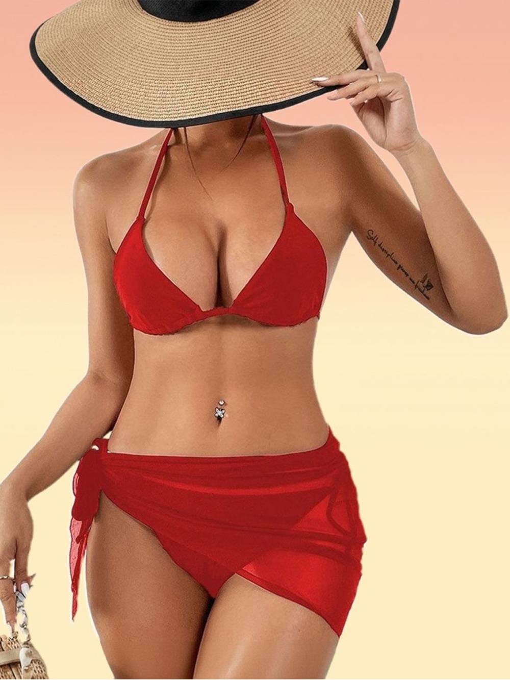 Red Triangle Bikini with Sheer Sarong